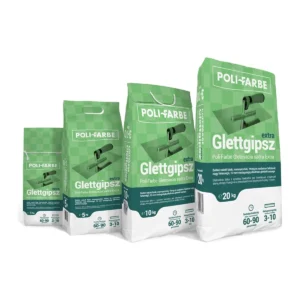 Poli-Farbe Glettgipsz Extra 3-10 mm vastagságú beltéri porglett zsákos kiszerelése.