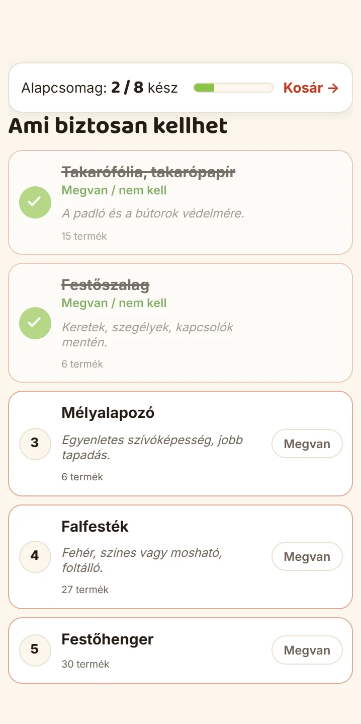 Szobafestés bevásárlólista: a kosárba tett tételek kipipálódnak