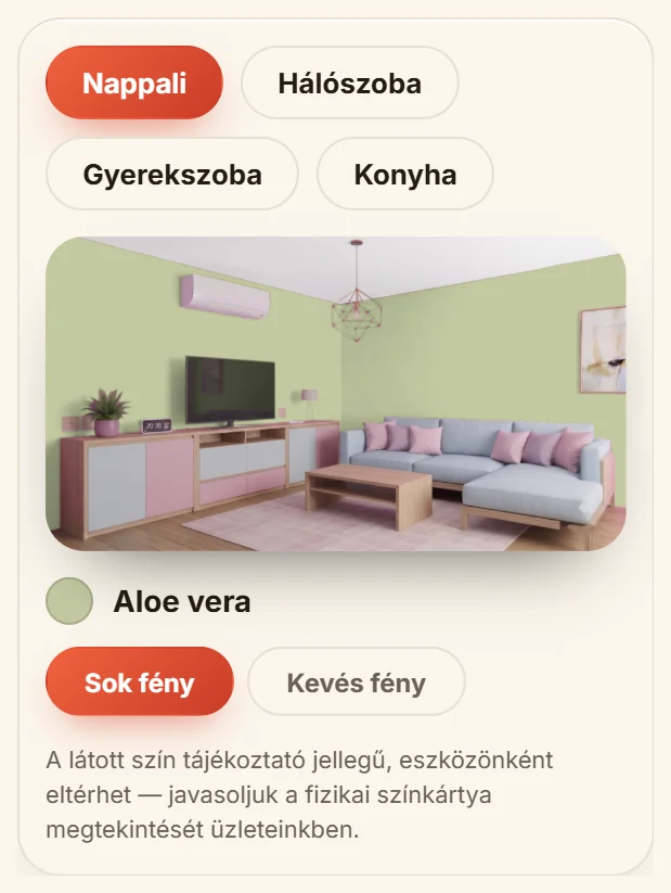 Falon nézet: a kiválasztott festékszín egy nappali falán