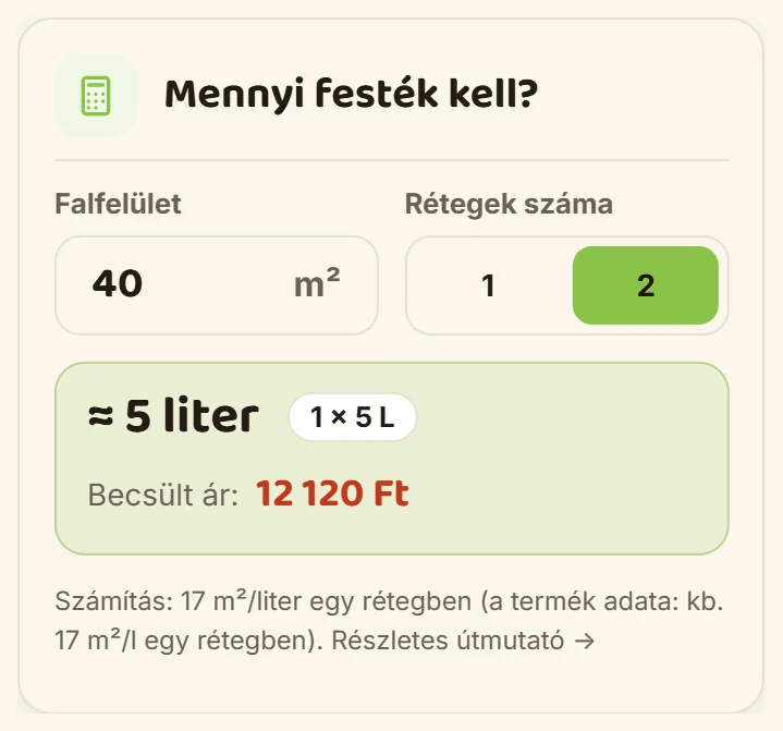 Festékkalkulátor a termékoldalon: 40 m², 2 réteg, kb. 5 liter, becsült árral