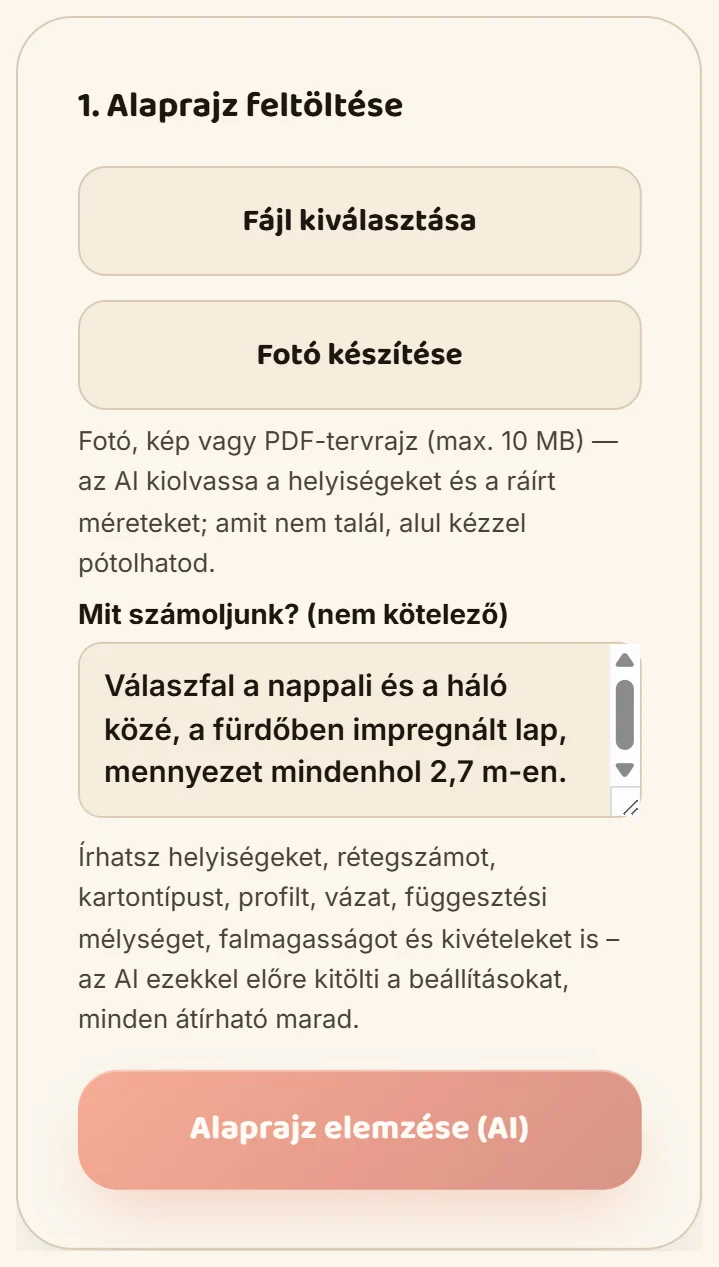 Gipszkarton kalkulátor: alaprajz feltöltése és a kérés leírása
